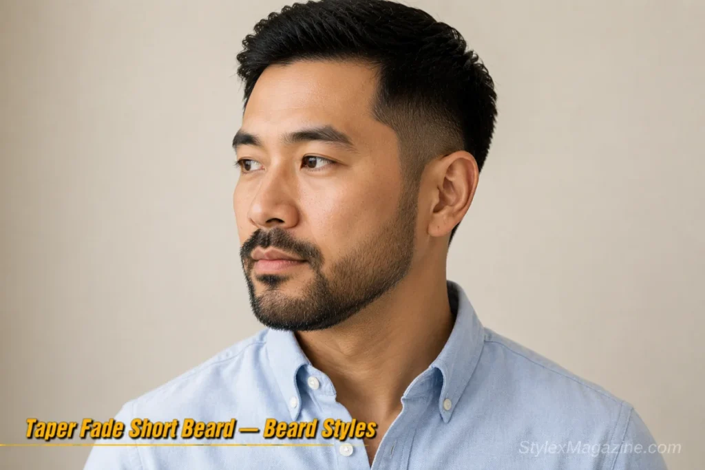Man with a taper fade short beard showing a subtle natural transition at the sideburns