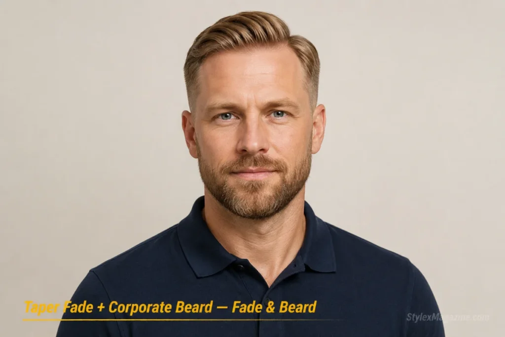Man with a side part and taper fade paired with a corporate beard