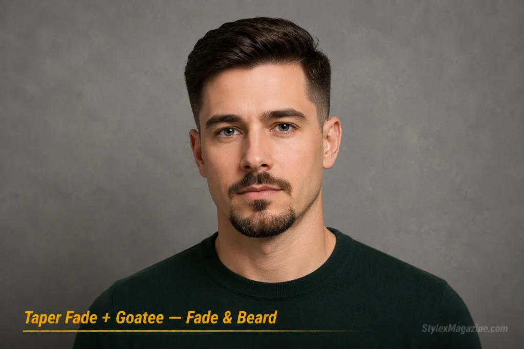 Man with side-swept hair and taper fade paired with a goatee
