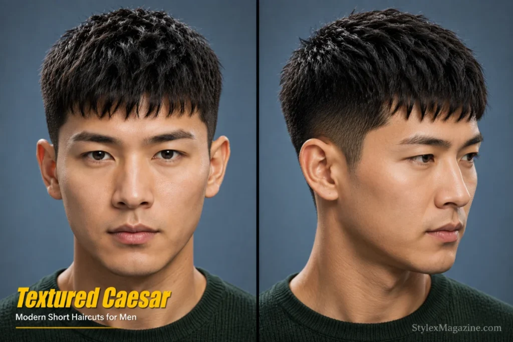 Textured Caesar haircut for men featuring point-cut texture, separated fringe pieces, and a matte modern finish.