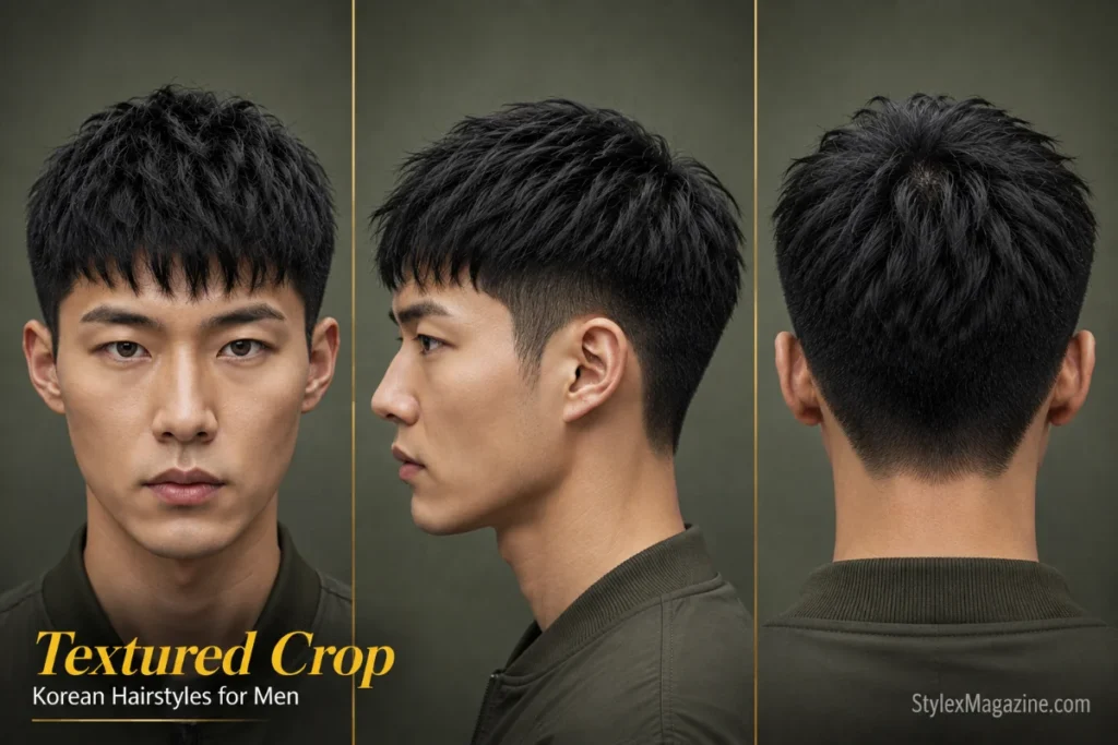 Korean textured crop haircut for men featuring choppy layers, short sides, and natural matte hair separation.