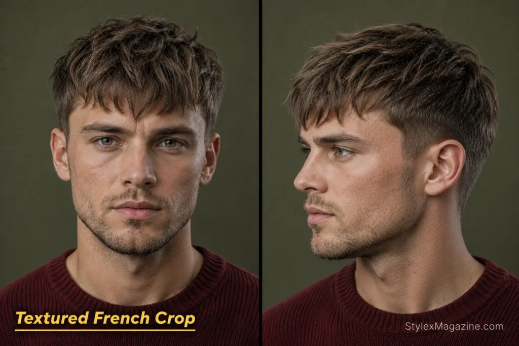 Textured surfer French crop for men with a choppy three-to-four-inch fringe, short sides and a matte beach finish.