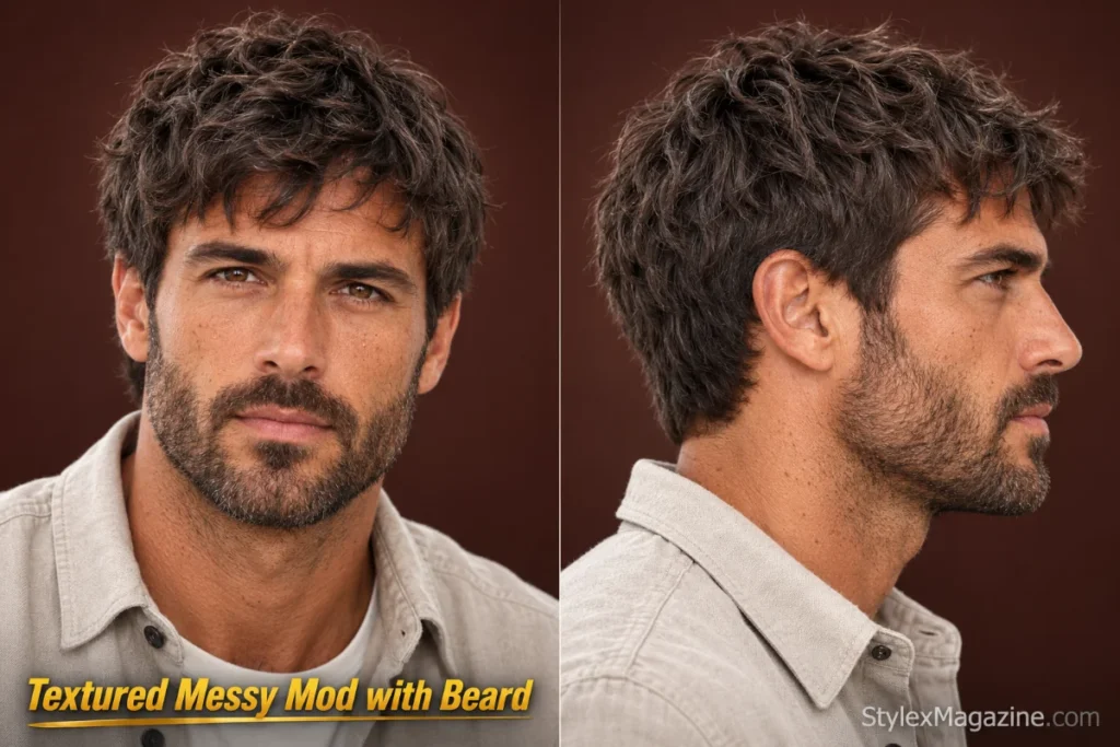 Textured messy mod haircut with broken fringe, choppy layers, scissor-cut sides, and shaped beard.