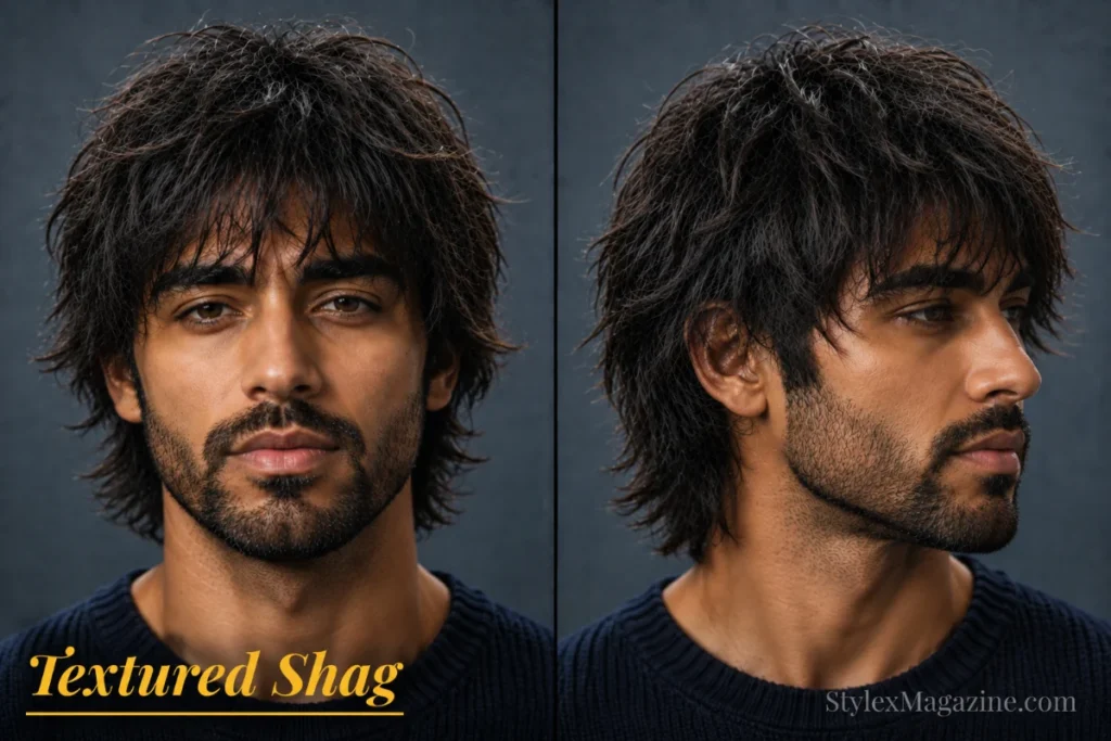 Textured shag haircut for men featuring layered texture, feathered ends, and natural volume.