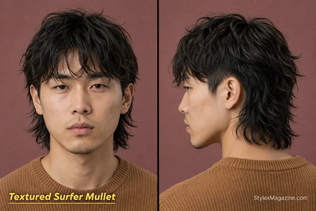 Textured surfer mullet for men with shorter front and sides, choppy collar-length back layers and a matte finish.