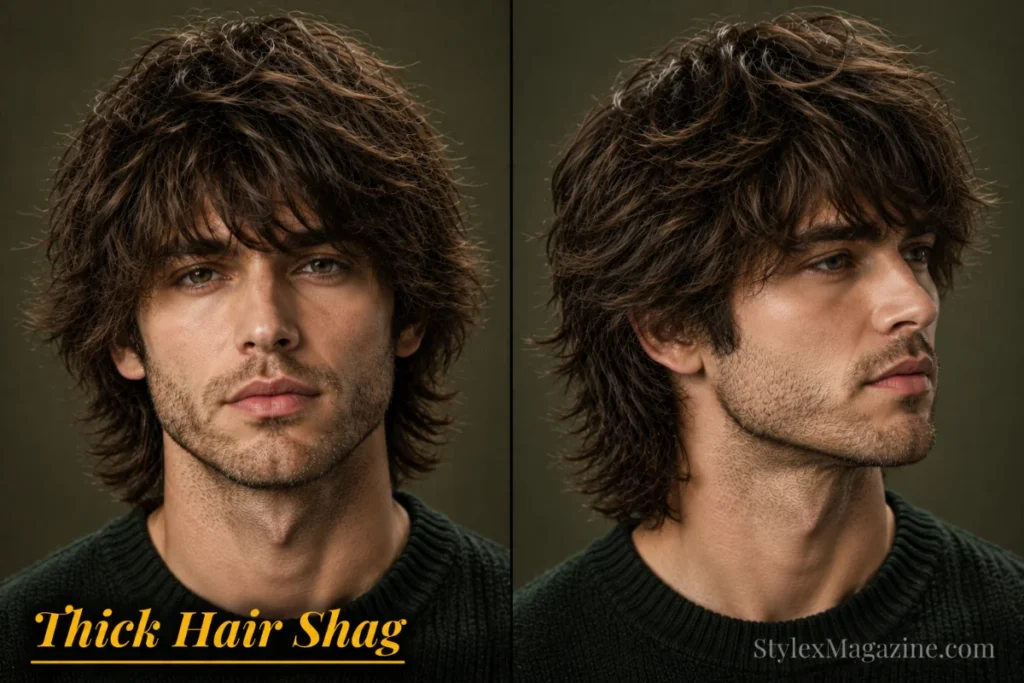 Thick hair shag haircut for men featuring heavy layered texture, natural volume, and feathered movement.