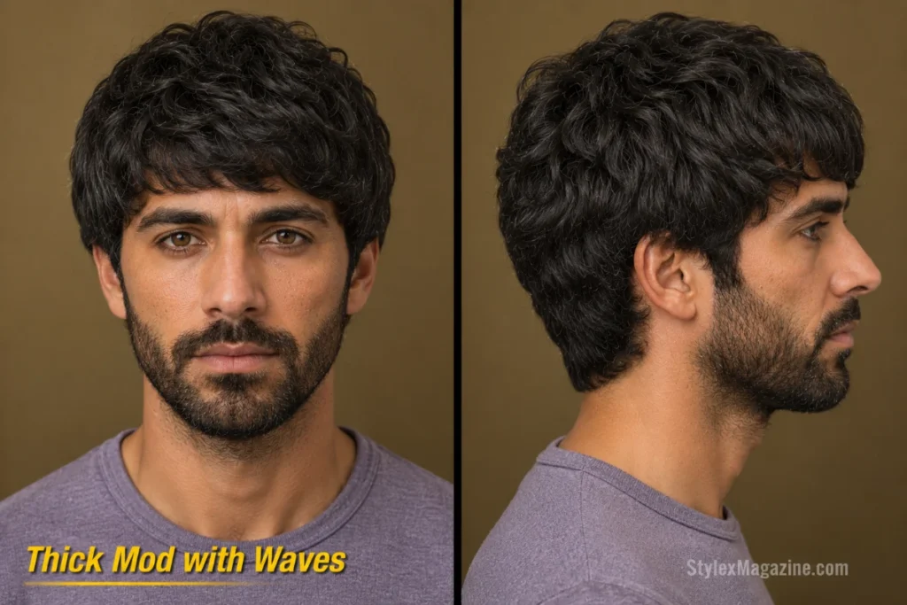 Thick wavy mod haircut with internal weight removal, layered top, and rounded scissor-cut silhouette.