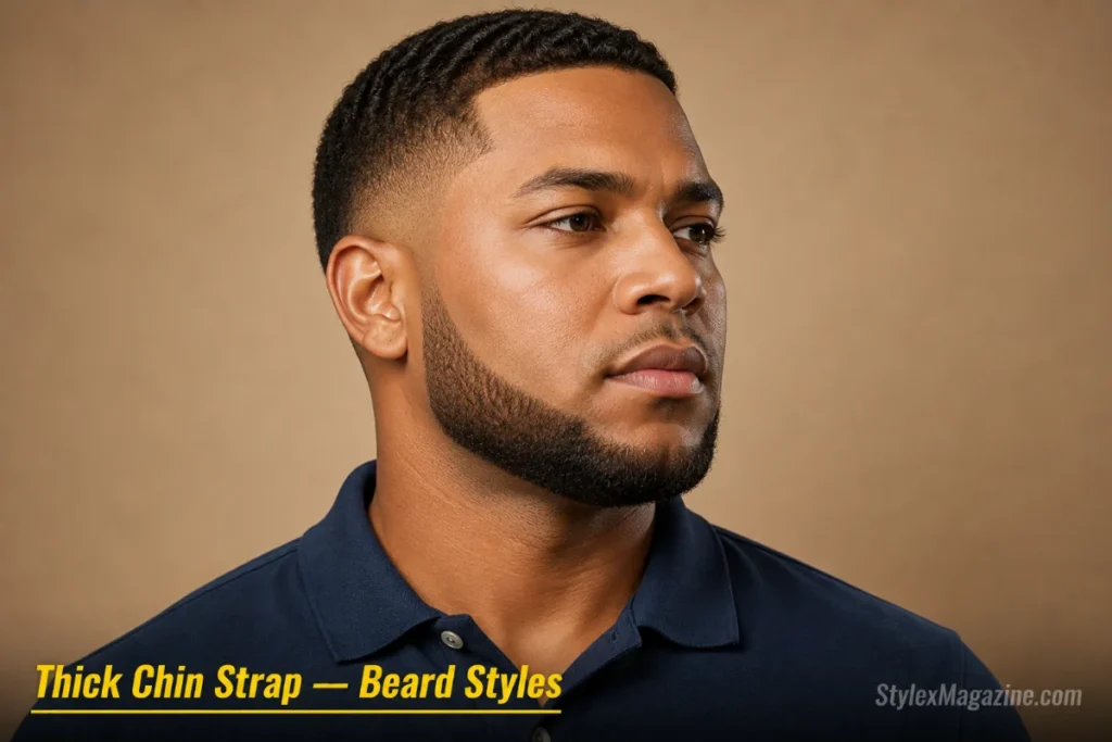 Man with a thick chin strap beard showing a bold band approximately 15-20mm wide along the jawline