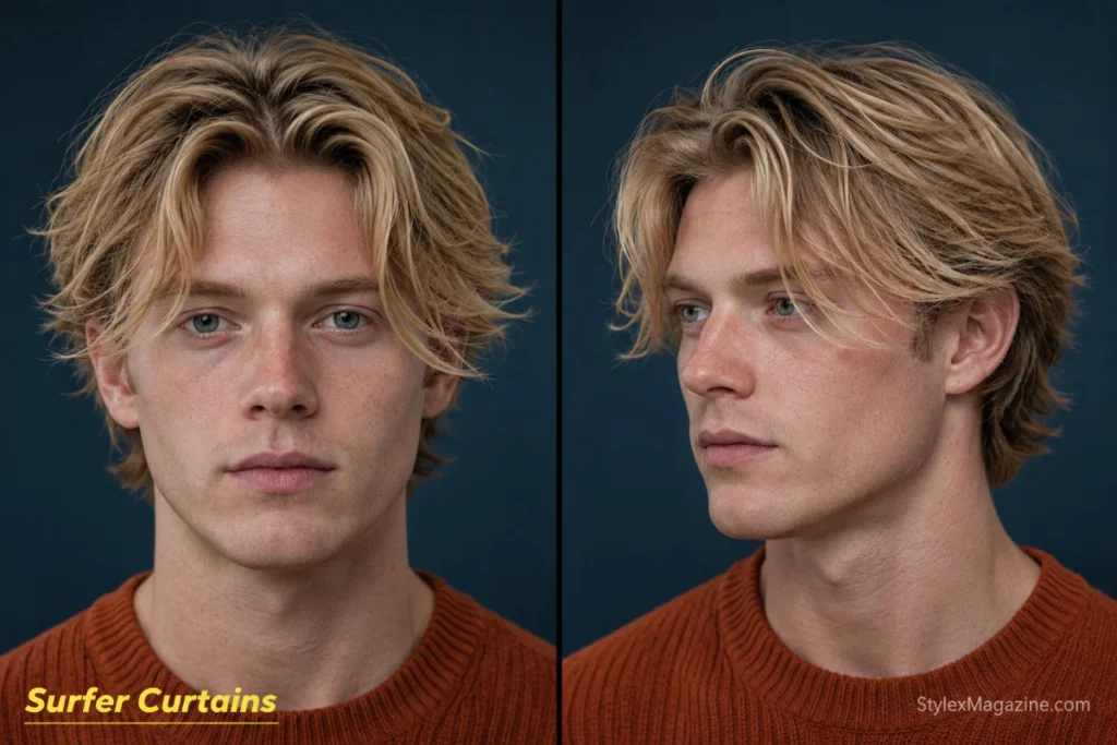 Tousled surfer curtain bangs for men with a loose centre part, cheekbone-length pieces and natural wavy movement.