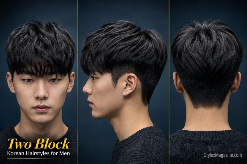 Two block Korean haircut for men featuring a textured layered top, disconnected sides, and a clean tapered back.