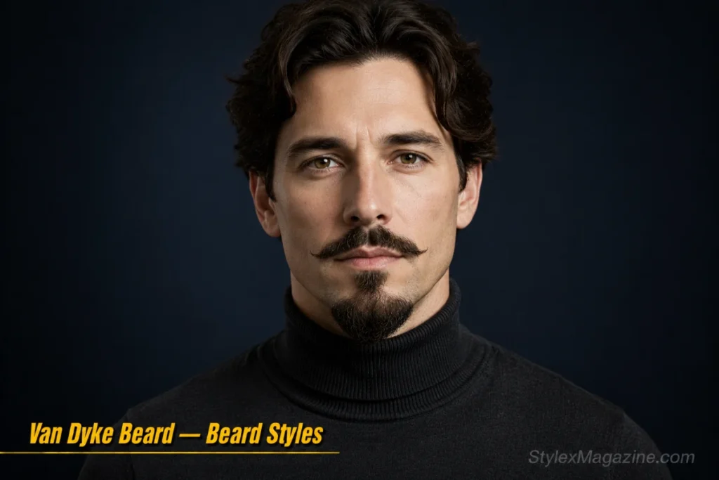 Man with a Van Dyke beard showing a pointed chin beard disconnected from a styled mustache