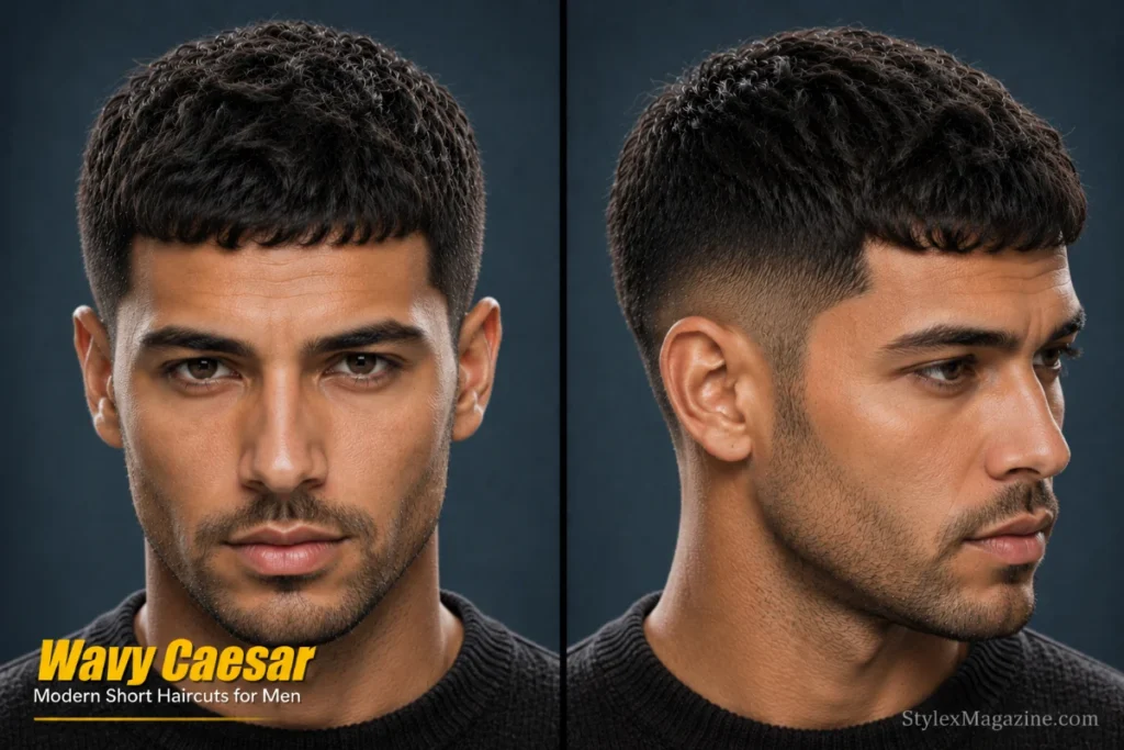 Wavy Caesar haircut for men featuring natural waves, textured forward fringe, and short layered styling.