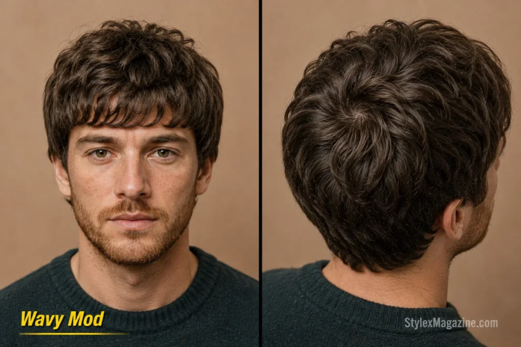 Wavy mod haircut with soft layered waves, blended fringe, and natural crown movement.