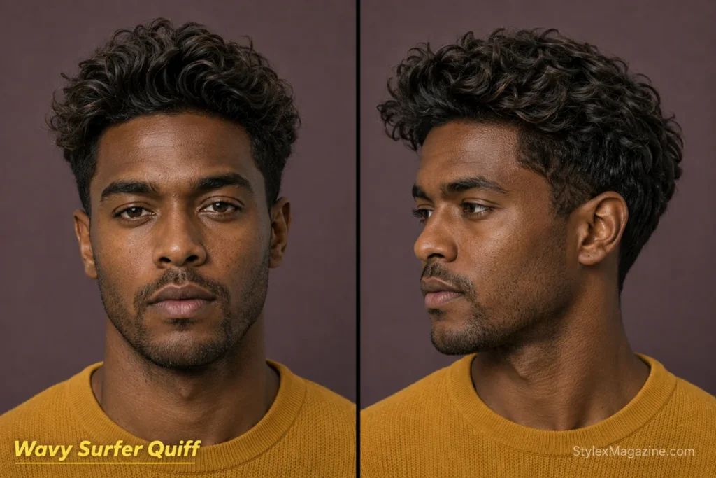 Wavy surfer quiff for men with lifted front volume, longer scissor-cut sides and a matte sea-salt texture.