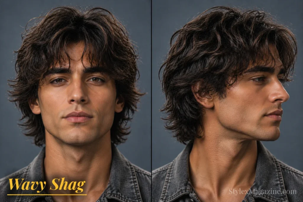Wavy shag haircut for men featuring natural waves, layered texture, and relaxed movement.