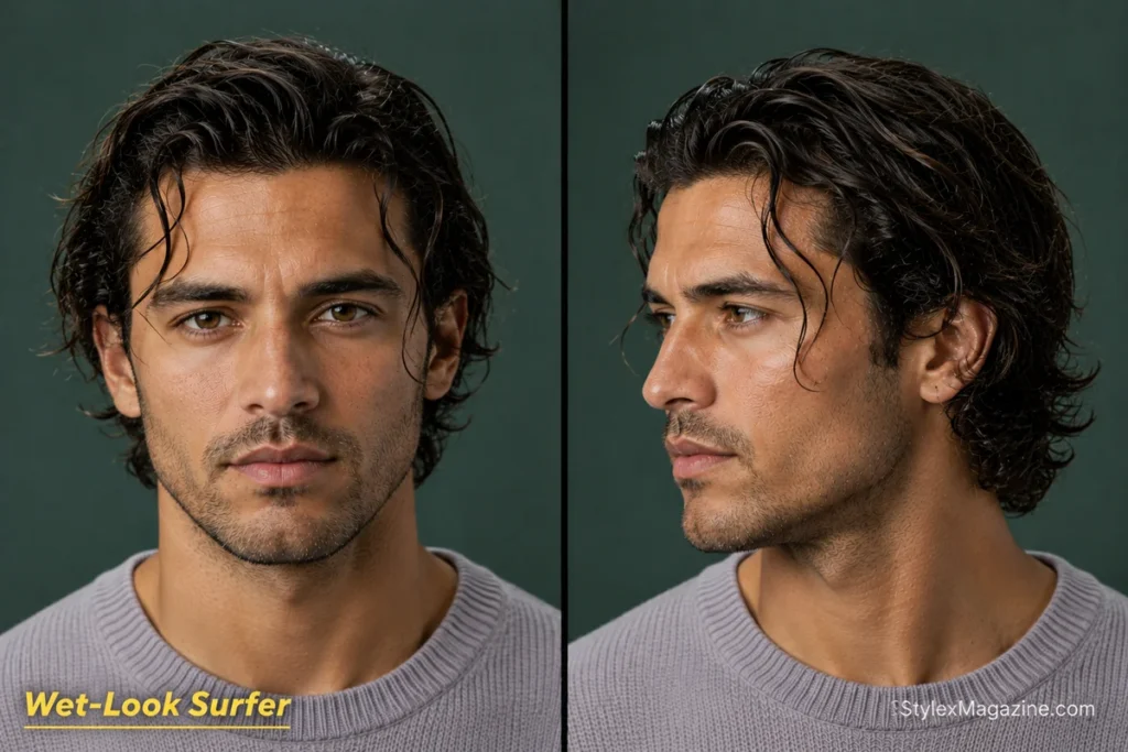 Wet-look surfer hairstyle for men with medium pushed-back waves, visible movement and a controlled damp finish.
