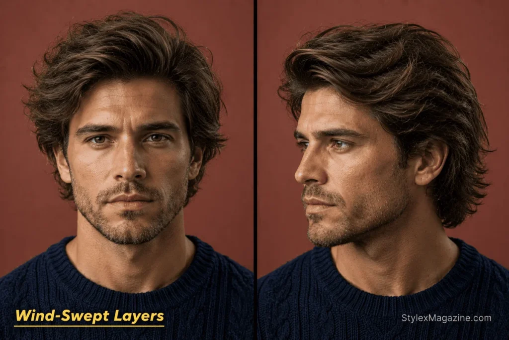 Wind-swept surfer layers for men with thick wavy hair, reduced internal bulk and natural directional movement.