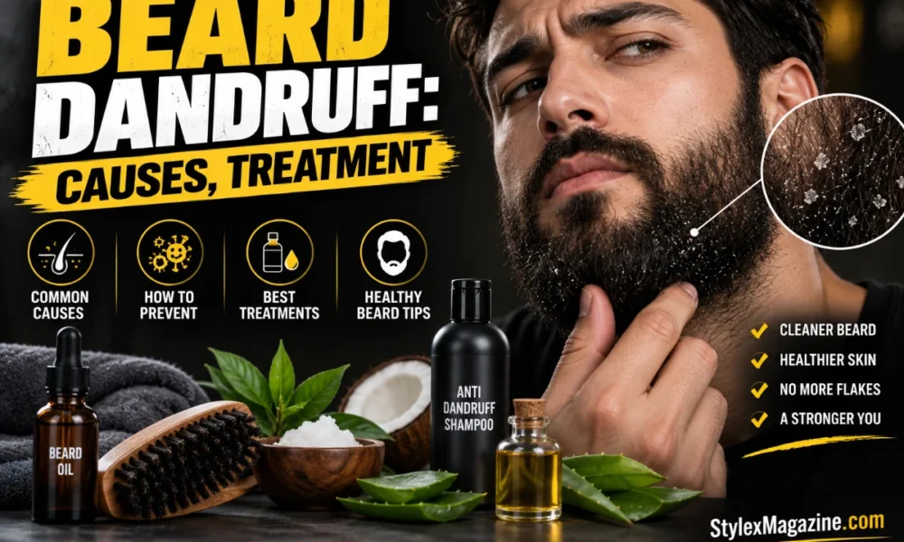 Beard dandruff causes and treatment featured image showing a bearded man with visible beard flakes, grooming tools, beard oil, shampoo, and treatment ingredients.