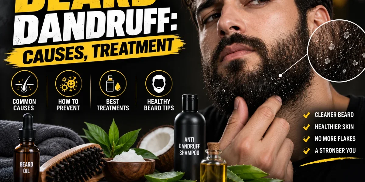 Beard Dandruff: Causes, Treatment & How to Stop It for Good Beard dandruff causes and treatment featured image showing a bearded man with visible beard flakes, grooming tools, beard oil, shampoo, and treatment ingredients.
