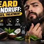 Beard dandruff causes and treatment featured image showing a bearded man with visible beard flakes, grooming tools, beard oil, shampoo, and treatment ingredients.