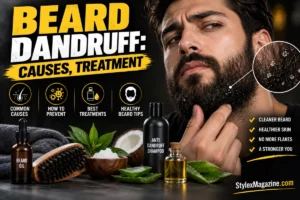 Beard Dandruff: Causes, Treatment & How to Stop It for Good Beard dandruff causes and treatment featured image showing a bearded man with visible beard flakes, grooming tools, beard oil, shampoo, and treatment ingredients.