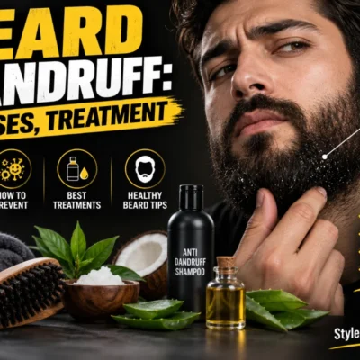 Beard dandruff causes and treatment featured image showing a bearded man with visible beard flakes, grooming tools, beard oil, shampoo, and treatment ingredients.