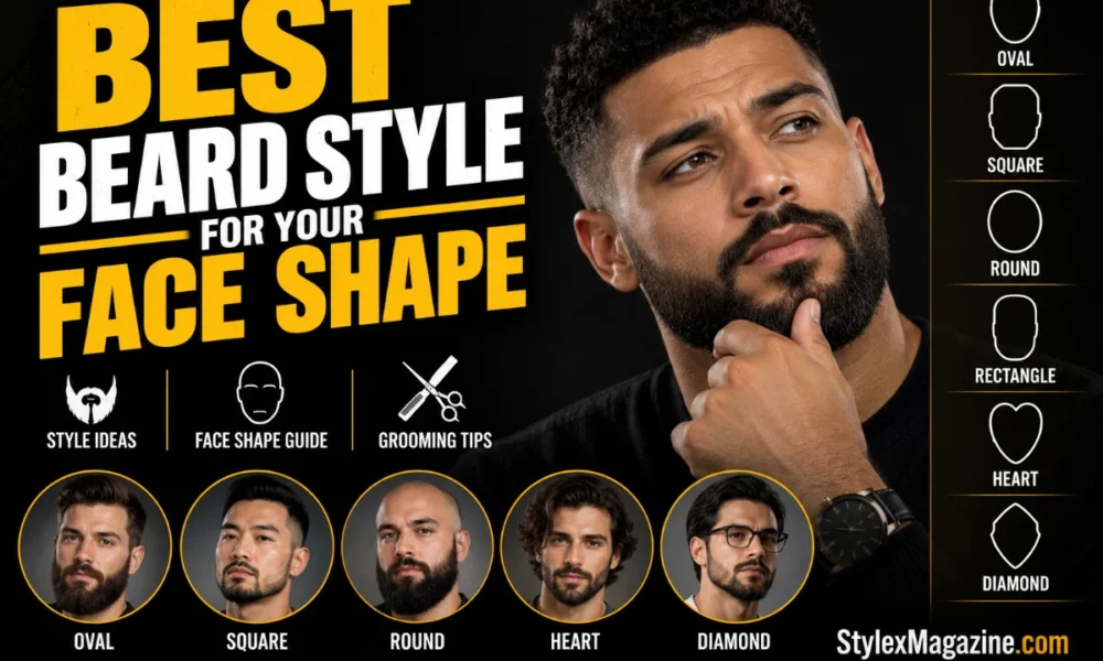 Best beard style for your face shape featured image showing a bearded man alongside face shape guides and beard style examples, with bold yellow and white typography on a black background.