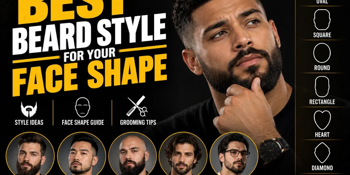 Best Beard Style for Your Face Shape: The Complete Guide Best beard style for your face shape featured image showing a bearded man alongside face shape guides and beard style examples, with bold yellow and white typography on a black background.