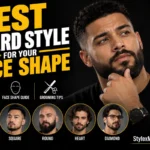 Best beard style for your face shape featured image showing a bearded man alongside face shape guides and beard style examples, with bold yellow and white typography on a black background.