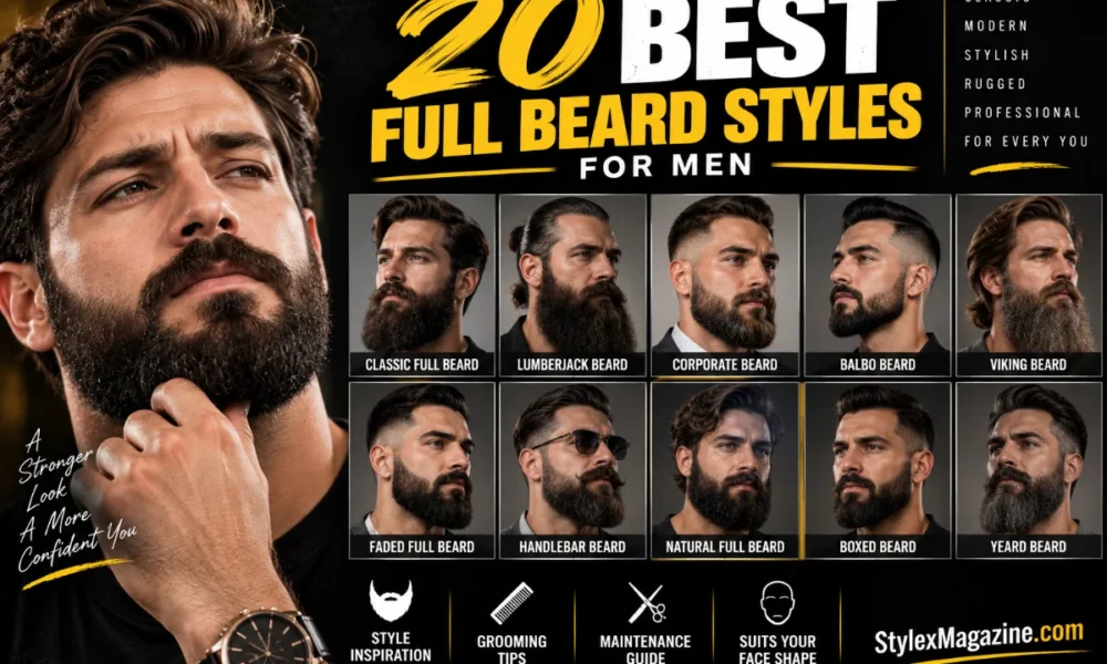 20 Best Full Beard Styles for Men featured image showing a bearded man alongside a collection of full beard styles, grooming tips, and beard style inspiration on a black and yellow background.