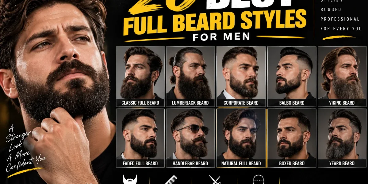 20 Best Full Beard Styles for Men (2026) 20 Best Full Beard Styles for Men featured image showing a bearded man alongside a collection of full beard styles, grooming tips, and beard style inspiration on a black and yellow background.