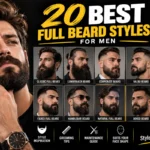 20 Best Full Beard Styles for Men featured image showing a bearded man alongside a collection of full beard styles, grooming tips, and beard style inspiration on a black and yellow background.