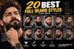 20 Best Full Beard Styles for Men (2026) 20 Best Full Beard Styles for Men featured image showing a bearded man alongside a collection of full beard styles, grooming tips, and beard style inspiration on a black and yellow background.