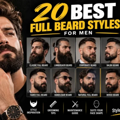 20 Best Full Beard Styles for Men featured image showing a bearded man alongside a collection of full beard styles, grooming tips, and beard style inspiration on a black and yellow background.