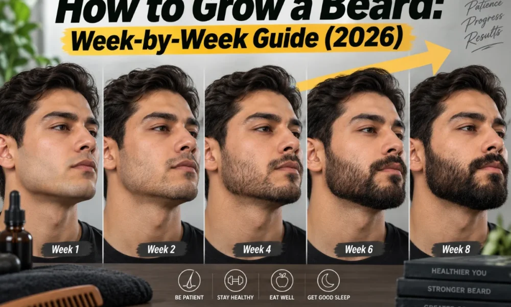 How to Grow a Beard: Week-by-Week Guide (2026) featured image showing a man’s beard growth progression from Week 1 to Week 8 with grooming tips.