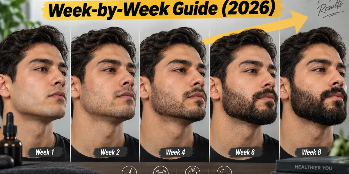How to Grow a Beard? Week-by-Week Guide (2026) How to Grow a Beard: Week-by-Week Guide (2026) featured image showing a man’s beard growth progression from Week 1 to Week 8 with grooming tips.