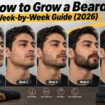 How to Grow a Beard: Week-by-Week Guide (2026) featured image showing a man’s beard growth progression from Week 1 to Week 8 with grooming tips.