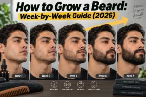 How to Grow a Beard? Week-by-Week Guide (2026) How to Grow a Beard: Week-by-Week Guide (2026) featured image showing a man’s beard growth progression from Week 1 to Week 8 with grooming tips.