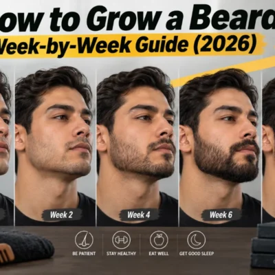 How to Grow a Beard: Week-by-Week Guide (2026) featured image showing a man’s beard growth progression from Week 1 to Week 8 with grooming tips.