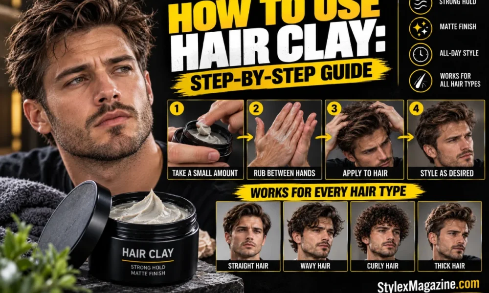How to Use Hair Clay: Step-by-Step Guide featured image showing a man styling his hair with hair clay, four application steps, a hair clay product, and examples for straight, wavy, curly, and thick hair.