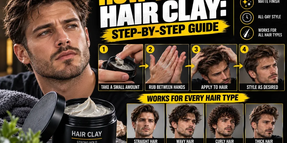 How to Use Hair Clay? Step-by-Step Guide for Every Hair Type How to Use Hair Clay: Step-by-Step Guide featured image showing a man styling his hair with hair clay, four application steps, a hair clay product, and examples for straight, wavy, curly, and thick hair.