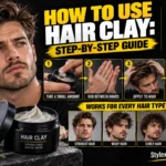 How to Use Hair Clay: Step-by-Step Guide featured image showing a man styling his hair with hair clay, four application steps, a hair clay product, and examples for straight, wavy, curly, and thick hair.