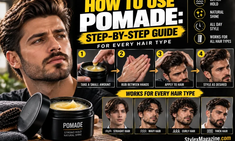 How to Use Pomade: Step-by-Step Guide featured image showing four pomade application steps, a man styling his hair, a pomade jar, and examples for straight, wavy, curly, and thick hair.