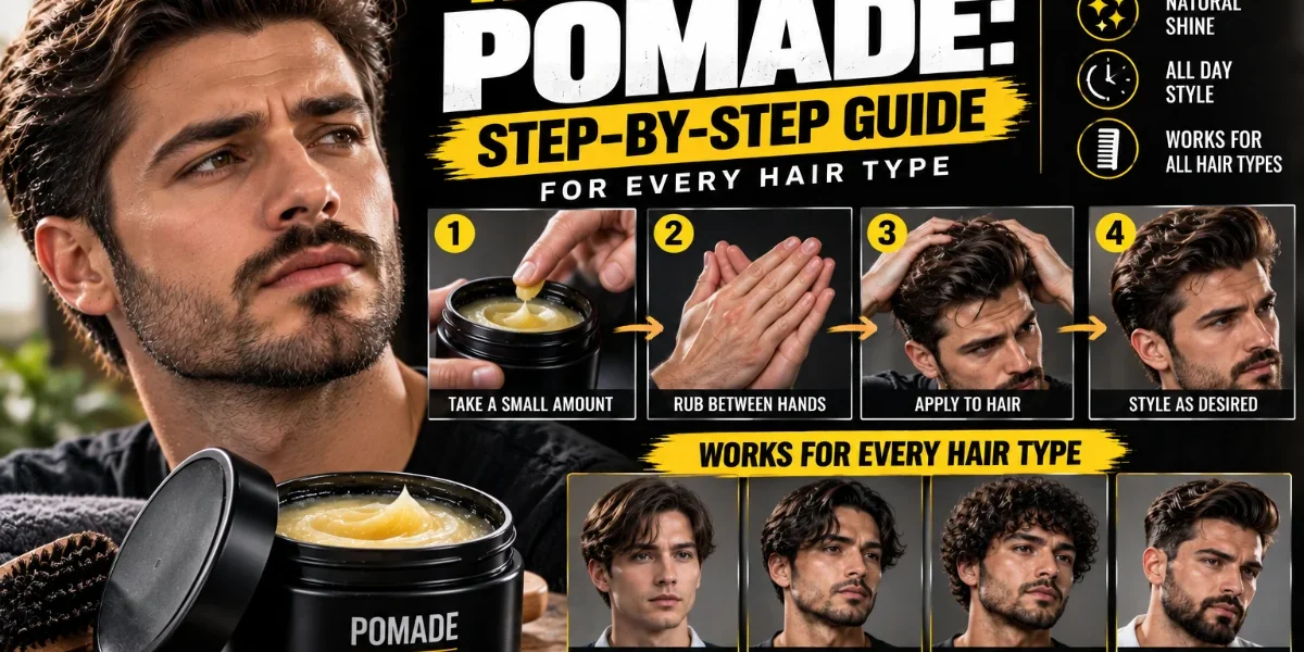 How to Use Pomade: Step-by-Step Guide for Every Hair Type How to Use Pomade: Step-by-Step Guide featured image showing four pomade application steps, a man styling his hair, a pomade jar, and examples for straight, wavy, curly, and thick hair.
