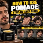 How to Use Pomade: Step-by-Step Guide featured image showing four pomade application steps, a man styling his hair, a pomade jar, and examples for straight, wavy, curly, and thick hair.