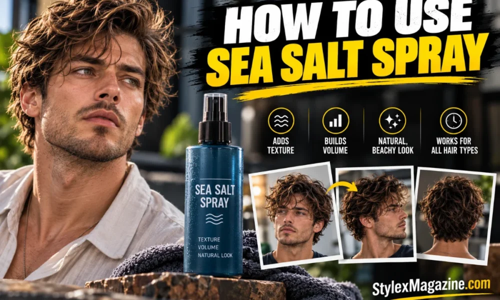 How to Use Sea Salt Spray featured image showing a man with textured wavy hair, a sea salt spray bottle, hairstyle examples, and icons highlighting texture, volume, natural beachy look, and all hair types.