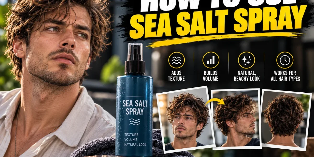 How to Use Sea Salt Spray featured image showing a man with textured wavy hair, a sea salt spray bottle, hairstyle examples, and icons highlighting texture, volume, natural beachy look, and all hair types.
