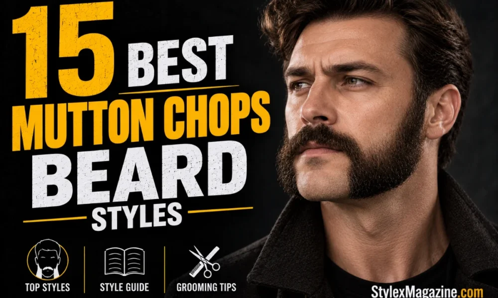 15 Best Mutton Chops Beard Styles featured image showing a man with thick mutton chops and a full mustache, with bold yellow and white typography on a black background.