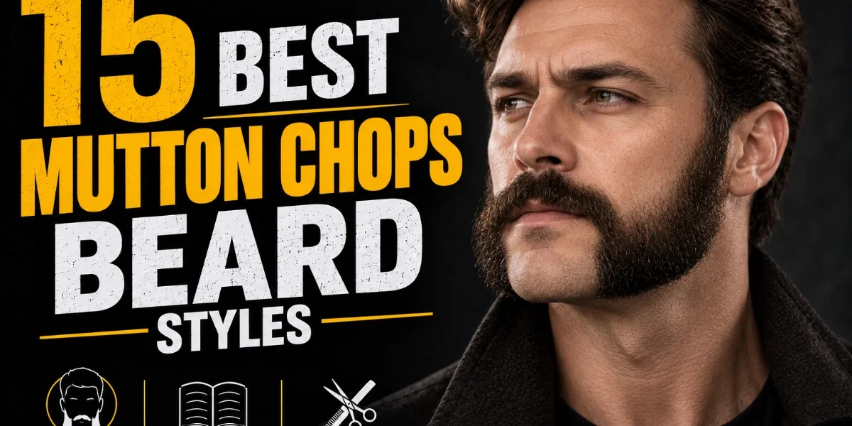 15 Best Mutton Chops Beard Styles in 2026 15 Best Mutton Chops Beard Styles featured image showing a man with thick mutton chops and a full mustache, with bold yellow and white typography on a black background.