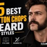 15 Best Mutton Chops Beard Styles featured image showing a man with thick mutton chops and a full mustache, with bold yellow and white typography on a black background.